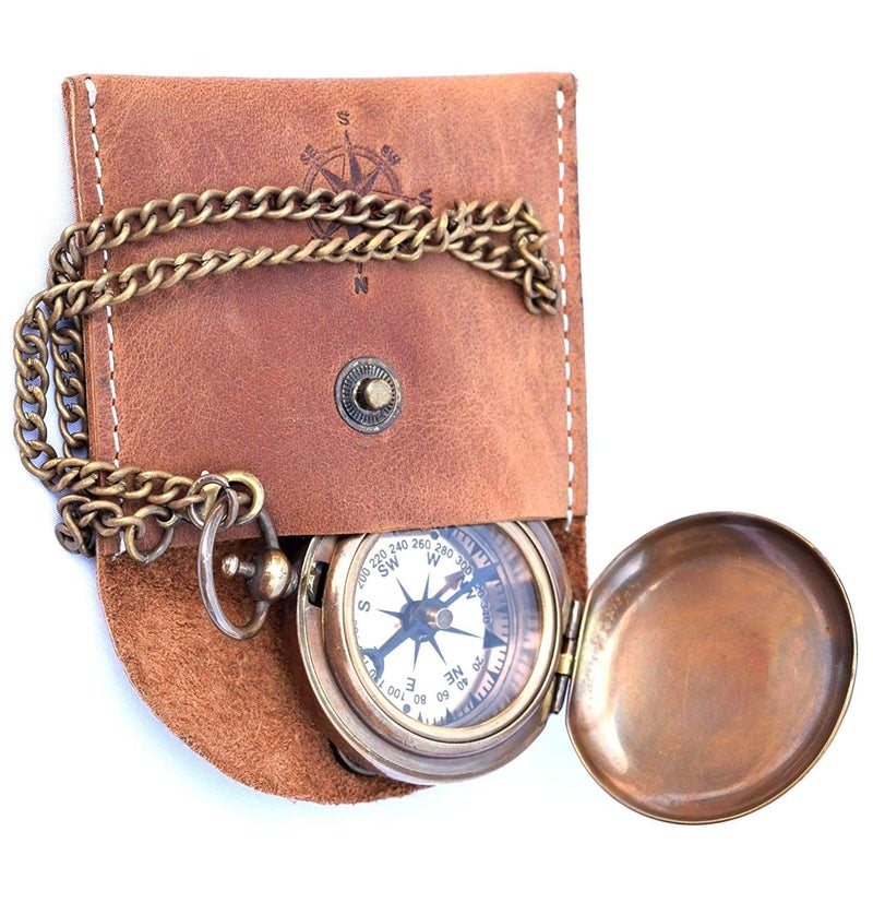THOR INSTRUMENTS Handmade Nautical Brass Push Open Compass On Chain with Leather Case Pocket Compass Gift Compasses Rustic Vintage Home Decor Gifts - Image 1